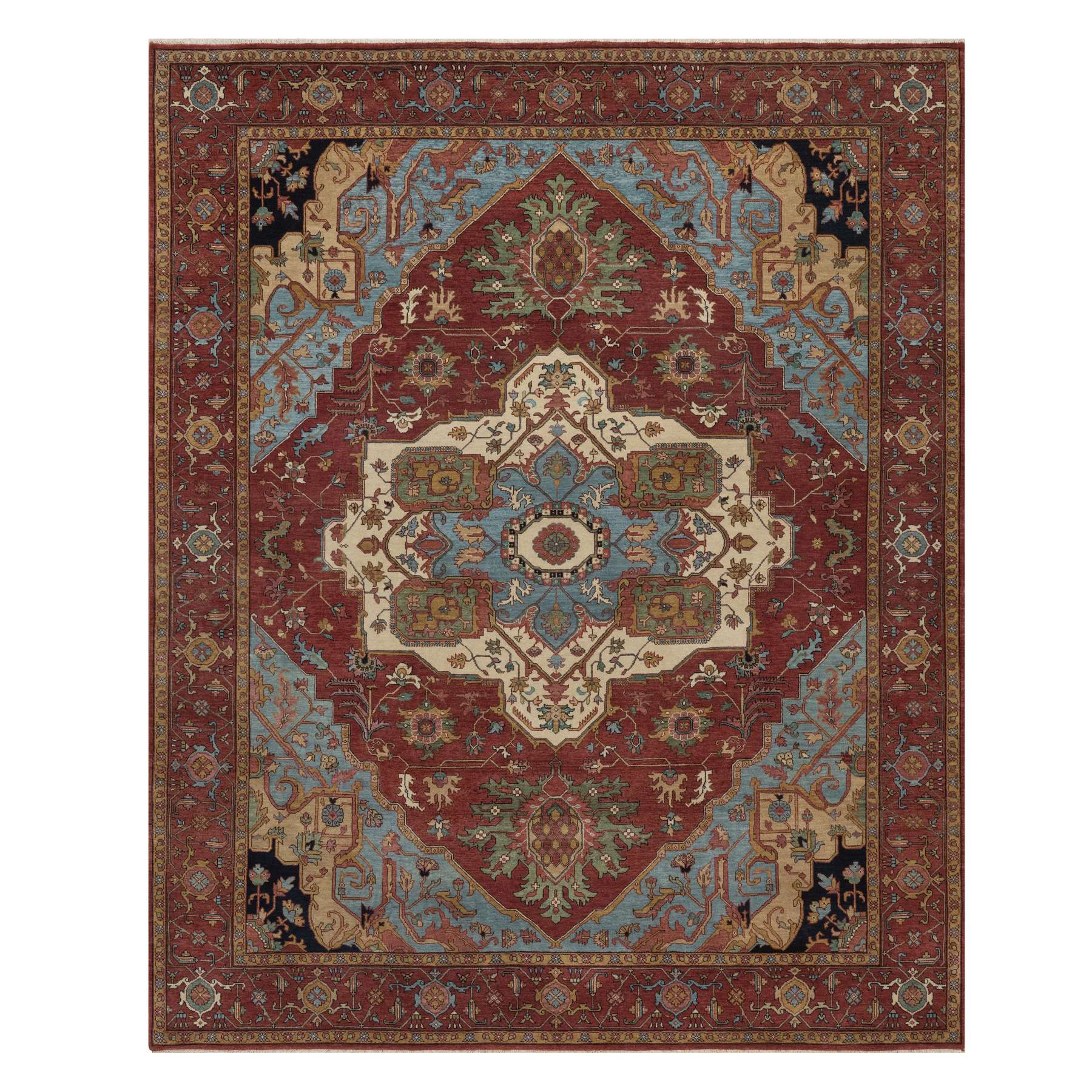 8'2"x10'1" Brick Red, Antiqued Fine Heriz Re-Creation with Medallion Design, Hand Knotted, Hand Spun New Zealand Wool, Denser Weave, Vegetable Dyes, Oriental Rug 